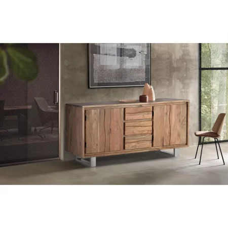 Aparador Madera Acacia Maciza 4 Puertas + 3 Cajones Patas Metal - Giner y Colomer-1