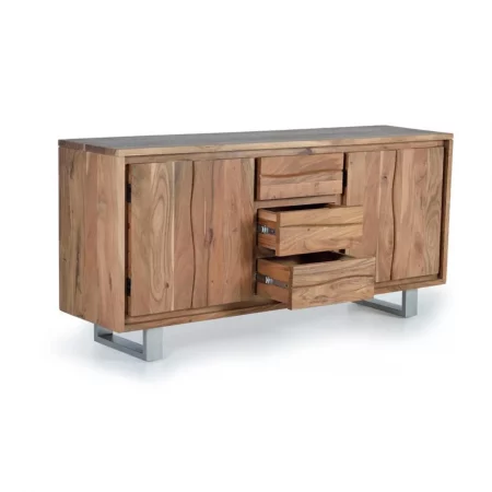 Aparador Madera Acacia Maciza 4 Puertas + 3 Cajones Patas Metal - Giner y Colomer-5