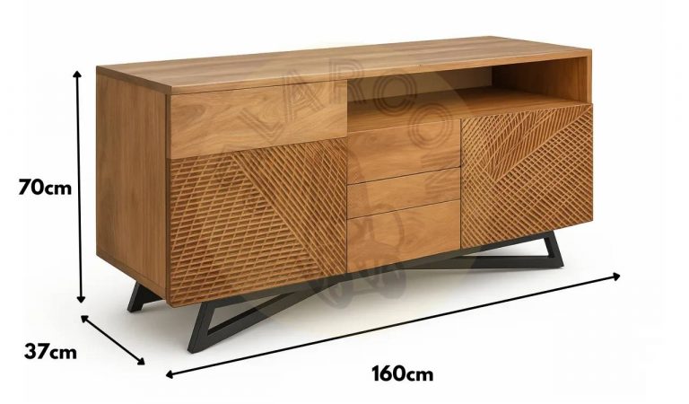 Aparador Madera Acacia Tallada Natural y Metal 2 Puertas + 3 Cajones Colección Yakarta 160x37x70 - Giner y Colomer