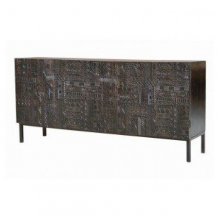 Aparador Madera Mango 4 Puertas Talladas Color Wengué Patas Metal Mod. Jeroglífico 180x40x85 - Giner y Colomer - 1