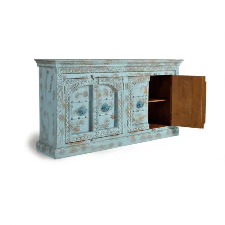 Aparador Madera Mango Color Azul 4 Puertas Detalles Metal 190x45x100 - Giner y Colomer-3