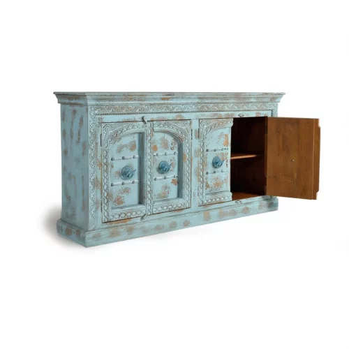 Aparador Madera Mango Color Azul 4 Puertas Detalles Metal 190x45x100 - Giner y Colomer-3