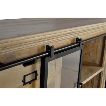 Aparador Madera Mango Natural 6 Cajones + 2 Puertas Correderas Cristal Estilo Industrial 180x45x86 - Giner y Colomer-3