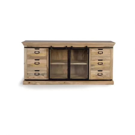 Aparador Madera Mango Natural 6 Cajones + 2 Puertas Correderas Cristal Estilo Industrial 180x45x86 - Giner y Colomer-4