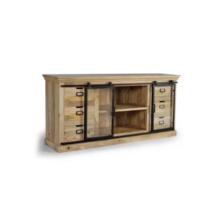 Aparador Madera Mango Natural 6 Cajones + 2 Puertas Correderas Cristal Estilo Industrial 180x45x86 - Giner y Colomer-7