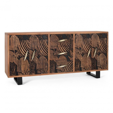 Aparador Madera de Acacia Tallado 4 Puertas + 3 Cajones con Patas de Metal - Giner y Colomer1