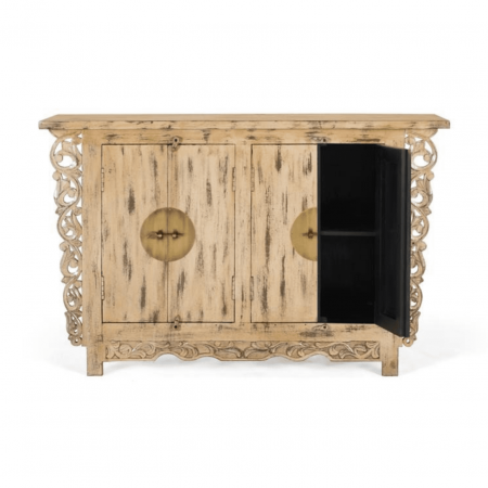 Aparador Madera de Mango 4 Puertas Beige Decapado Estilo Oriental - Giner y Colomer - 2