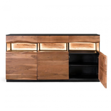 Aparador con 3 Cajoneras y 3 Puertas Iluminación Interior Madera de Acacia Maciza3