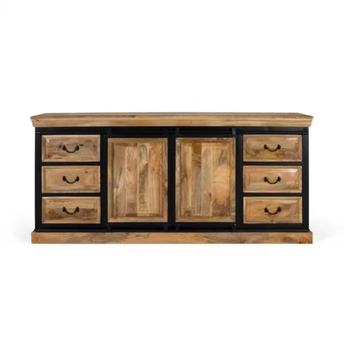 Aparador de Estilo Industrial de Madera de Mango con 6 Cajones y 2 Puertas Corredoras - Giner y Colomer (1)