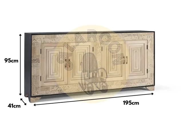 Aparador de Madera Maciza de Mango Tallado a Mano con 4 Puertas–195x41x95cm-MOVIL (2)