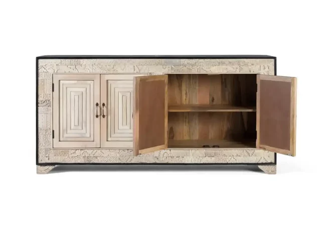 Aparador de Madera Maciza de Mango Tallado a Mano con 4 Puertas–195x41x95cm-MOVIL (4)