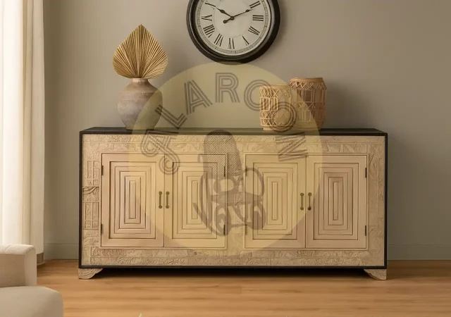 Aparador de Madera Maciza de Mango Tallado a Mano con 4 Puertas–195x41x95cm-MOVIL (5)