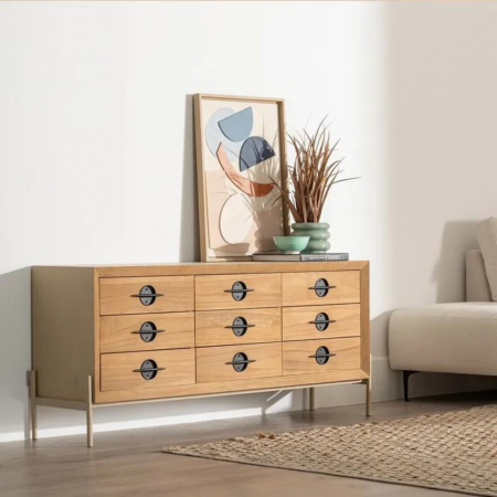 Aparador de Madera Paulonia y Metal Natural Blanco de 9 Cajones - IXIA (2)