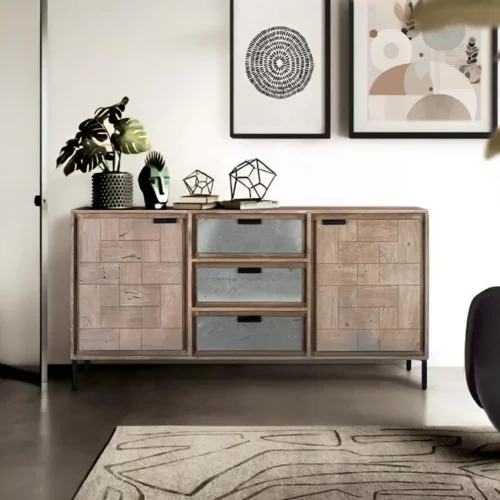 Aparador de Madera de Acacia Contemporanea 3 Cajones de Chapa de Piedra 2 Puertas - Giner y Colomer (1)