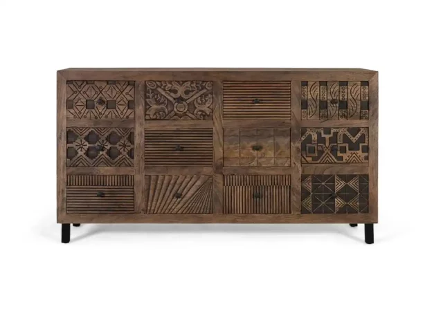 Aparador de Madera de Mango Maciza 160 cm con Cajones Tallados a Mano y Base de Hierro-MOVIL (1)
