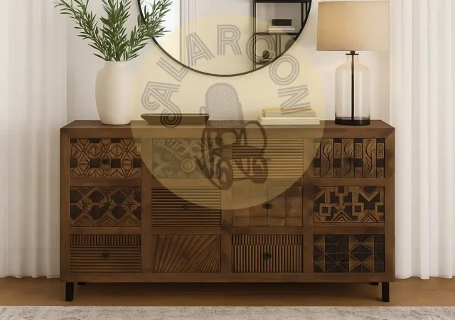 Aparador de Madera de Mango Maciza 160 cm con Cajones Tallados a Mano y Base de Hierro-MOVIL (3)