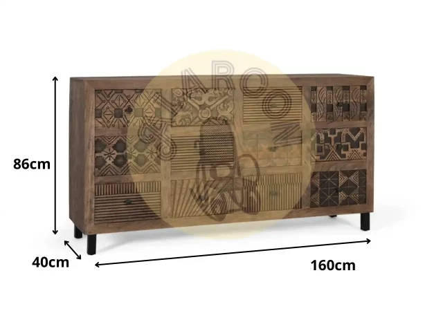 Aparador de Madera de Mango Maciza 160 cm con Cajones Tallados a Mano y Base de Hierro-MOVIL (4)