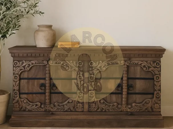Aparador de Madera de Mango Maciza Tallado a Mano con 4 Puertas y Detalles Florales – 180x45x91 cm-MOVIL (2)