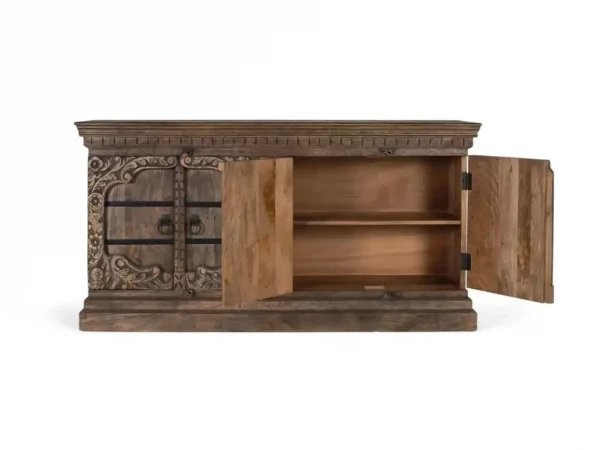 Aparador de Madera de Mango Maciza Tallado a Mano con 4 Puertas y Detalles Florales – 180x45x91 cm-MOVIL (4)