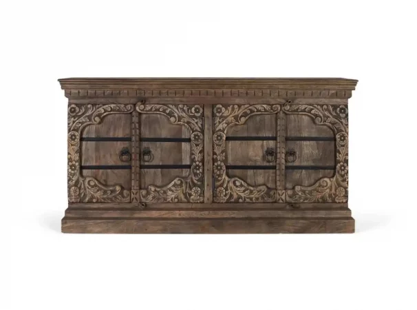 Aparador de Madera de Mango Maciza Tallado a Mano con 4 Puertas y Detalles Florales – 180x45x91 cm-MOVIL (5)