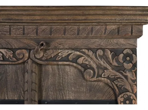Aparador de Madera de Mango Maciza Tallado a Mano con 4 Puertas y Detalles Florales – 180x45x91 cm-MOVIL (6)