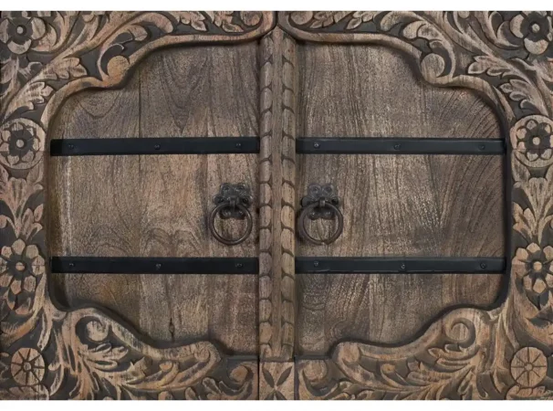 Aparador de Madera de Mango Maciza Tallado a Mano con 4 Puertas y Detalles Florales – 180x45x91 cm-MOVIL (7)