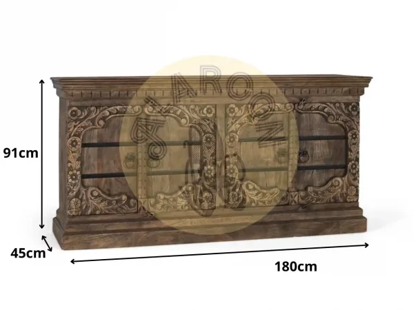 Aparador de Madera de Mango Maciza Tallado a Mano con 4 Puertas y Detalles Florales – 180x45x91 cm-MOVIL (8)
