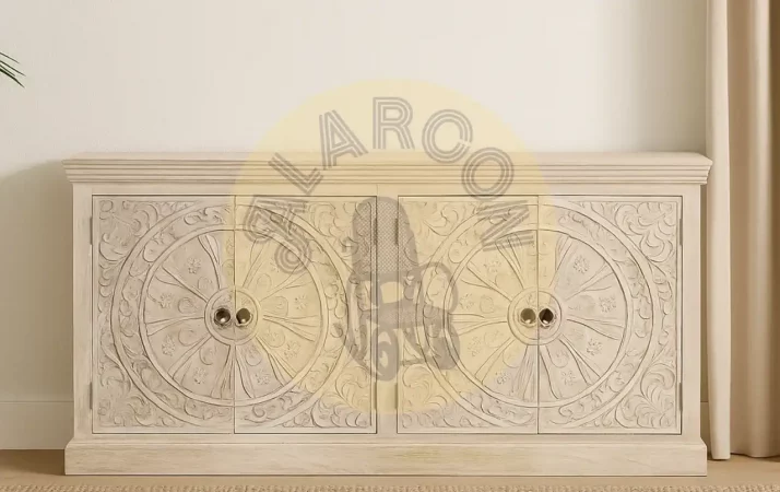 Aparador de Madera de Mango Tallado a Mano con Acabado Arena – 180 cm-MOVIL (2)