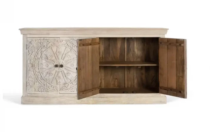 Aparador de Madera de Mango Tallado a Mano con Acabado Arena – 180 cm-MOVIL (3)