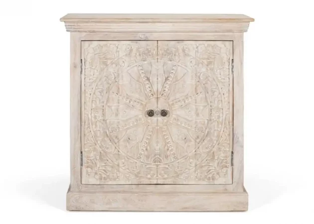 Aparador de Madera de Mango Tallado a Mano con Puertas Decorativas – 90x40x91 cm, Acabado Arena, Estilo Artesanal-MOVIL (2)