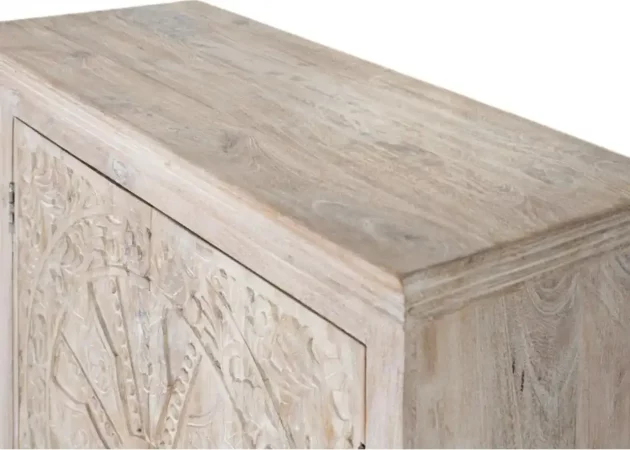 Aparador de Madera de Mango Tallado a Mano con Puertas Decorativas – 90x40x91 cm, Acabado Arena, Estilo Artesanal-MOVIL (3)