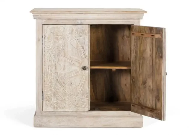 Aparador de Madera de Mango Tallado a Mano con Puertas Decorativas – 90x40x91 cm, Acabado Arena, Estilo Artesanal-MOVIL (6)
