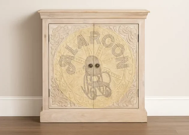 Aparador de Madera de Mango Tallado a Mano con Puertas Decorativas – 90x40x91 cm, Acabado Arena, Estilo Artesanal-MOVIL (7)
