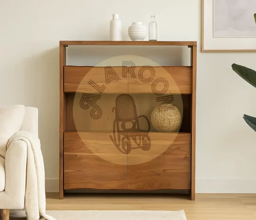 Aparador de madera maciza de acacia con diseño moderno y compartimentos - 147x130x45 cm-MOVIL (3)