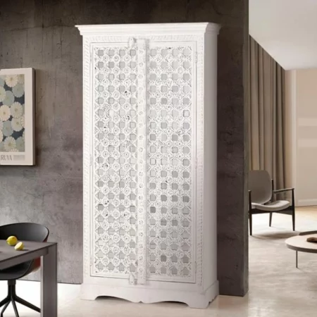 Armario 2 Puertas Madera Mango Decapado Blanco Detalles Cristal - Giner y Colomer (1)