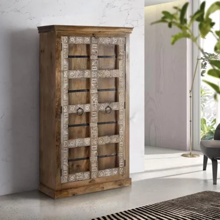 Armario 2 Puertas Madera Mango Maciza Detalles Metal Tallado a Mano 104 x 50 x 184 - Giner y Colomer-1