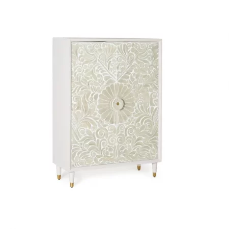 Armario Madera Mango 2 Puertas Talladas Blanco Decapado Colección Bali 100x40x140 Cm - Giner y Colomer (3)