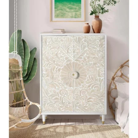 Armario Madera Mango 2 Puertas Talladas Blanco Decapado Colección Bali 100x40x140 Cm - Giner y Colomer (5)