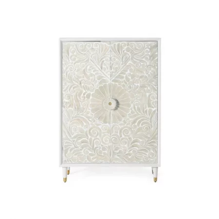 Armario Madera Mango 2 Puertas Talladas Blanco Decapado Colección Bali 100x40x140 Cm - Giner y Colomer (6)
