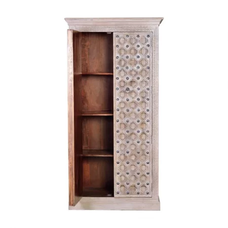 Armario Madera Mango Macizo Tallado a Mano Decapado Blanco Detalles Bronce 2 Puertas - Giner y Colomer (2)