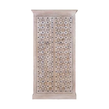 Armario Madera Mango Macizo Tallado a Mano Decapado Blanco Detalles Bronce 2 Puertas - Giner y Colomer (3)