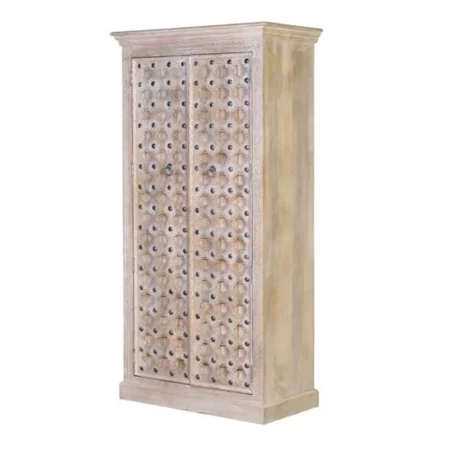 Armario Madera Mango Macizo Tallado a Mano Decapado Blanco Detalles Bronce 2 Puertas - Giner y Colomer (4)
