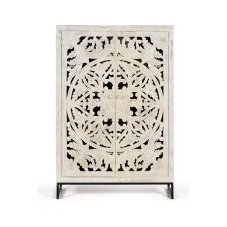 Armario Madera Mango Tallado Decapado Blanco Patas Metal Negro Colección Mykonos 110x40x160 Cm - Giner y Colomer (2)