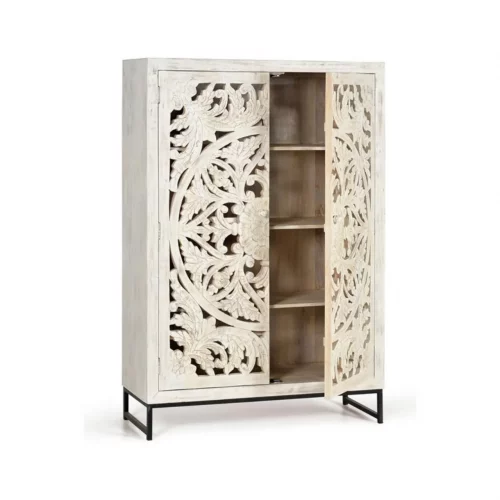 Armario Madera Mango Tallado Decapado Blanco Patas Metal Negro Colección Mykonos 110x40x160 Cm - Giner y Colomer (4)