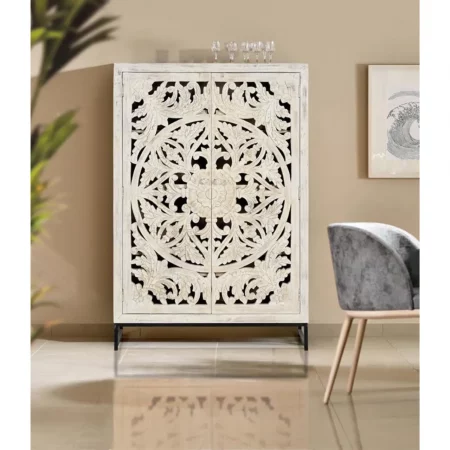 Armario Madera Mango Tallado Decapado Blanco Patas Metal Negro Colección Mykonos 110x40x160 Cm - Giner y Colomer (7)