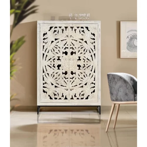 Armario Madera Mango Tallado Decapado Blanco Patas Metal Negro Colección Mykonos 110x40x160 Cm - Giner y Colomer (7)