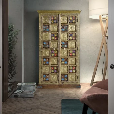 Armario de 2 Puertas Madera Acacia con Incrustaciones Cerámicas y Bronce - Giner y Colomer (1)