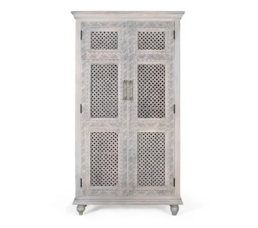 Armario de Madera Maciza de Mango Tallado a Mano con Acabado Decapado Claro – 185x104x43 cm-MOVIL (3)