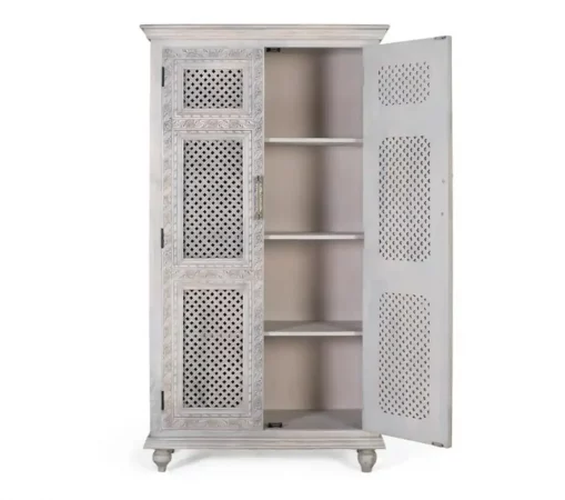 Armario de Madera Maciza de Mango Tallado a Mano con Acabado Decapado Claro – 185x104x43 cm-MOVIL (4)