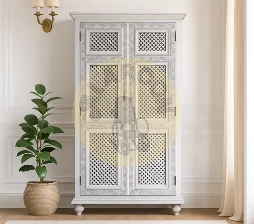 Armario de Madera Maciza de Mango Tallado a Mano con Acabado Decapado Claro – 185x104x43 cm-MOVIL (5)